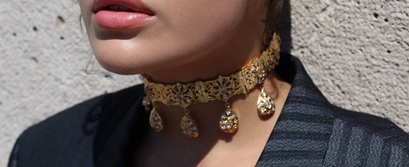 Bijoux Marocain Caftan Paris Moroccan choker Handmade Choker Blue Necklace Fabriqué Main collier ras de cou Doré Gold Or Paris